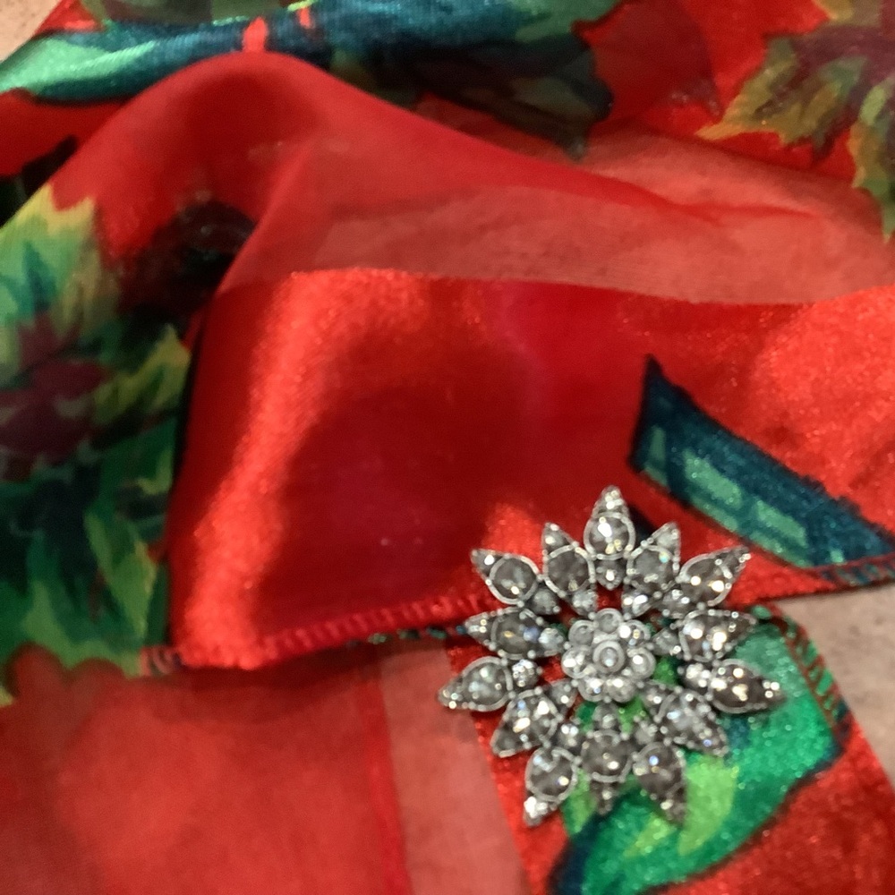 Vibrant Red Floral Scarf pretty silver  stone brooch too my mom loved  her pins